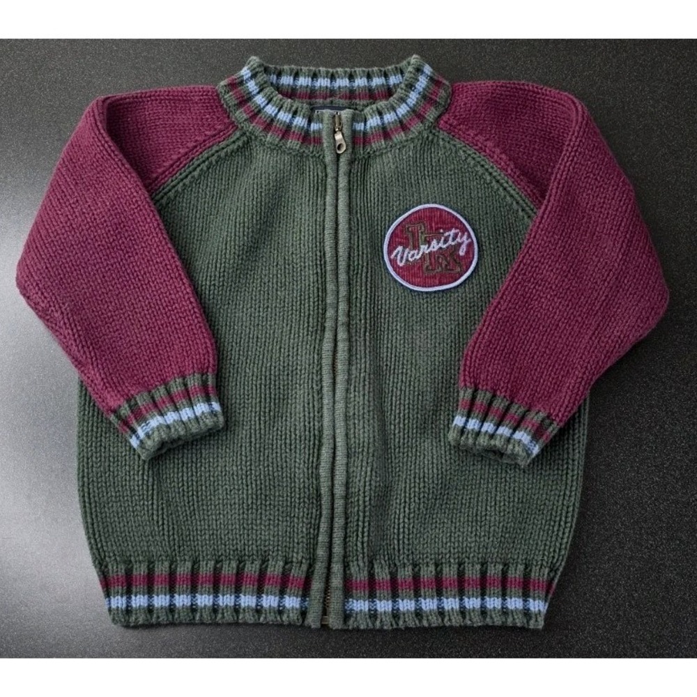 LANDS END ZIP FRONT SWEATER Olive Green VARSITY Full Zip Kids 3T Cotton Knit